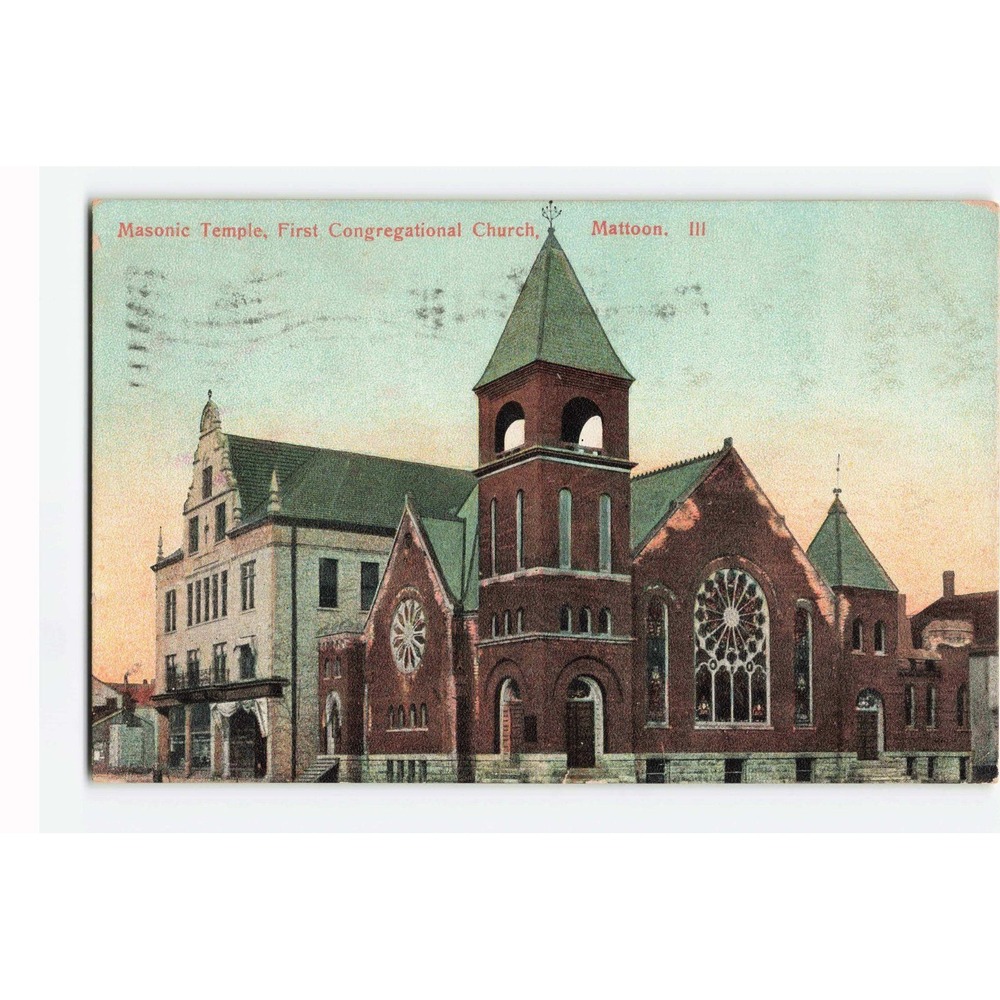 1909 Mattoon Illinois Masonic Temple First Congregational Church Postcard